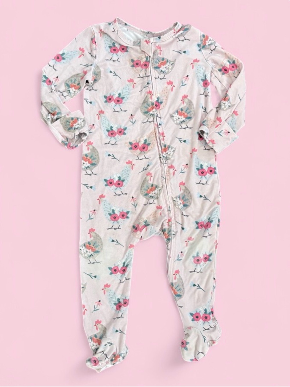 Caden Lane Pink Chicken & Floral Print Sleeper size 6-9m